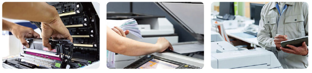 中古コピー機のトナー交換や内部清掃、動作点検を行うプロの作業風景