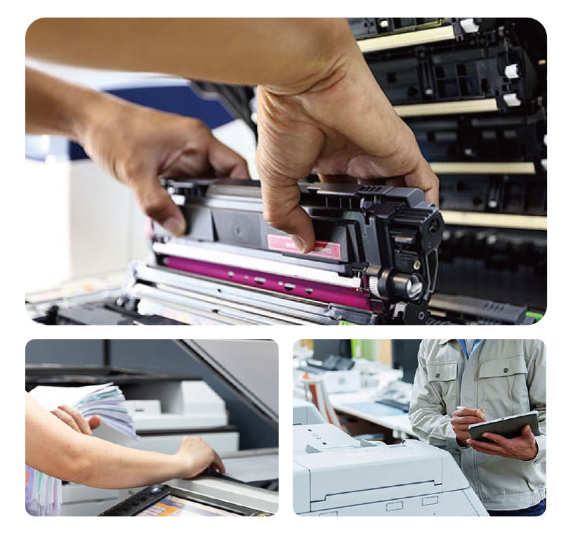 中古コピー機のトナー交換や内部清掃、動作点検を行うプロの作業風景