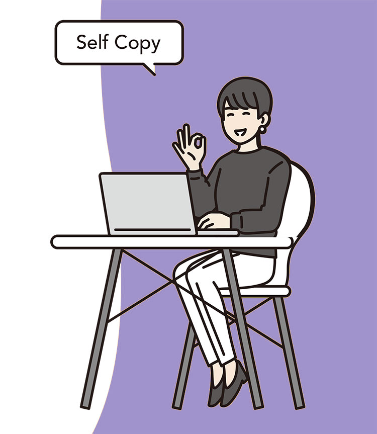 PCの前に座って笑顔の女性のイラスト